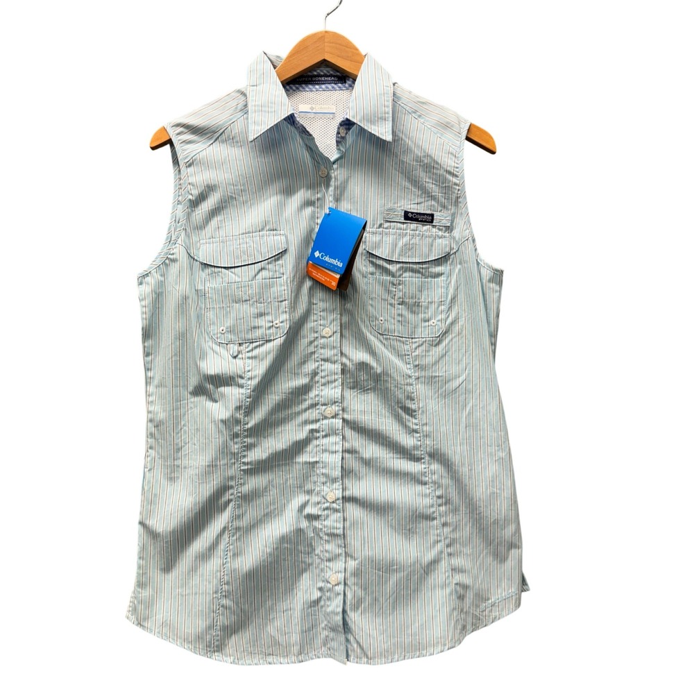 Columbia PFG Shirt Sleeveless Womens L Super Bonehead Blue Striped Fishing NEW